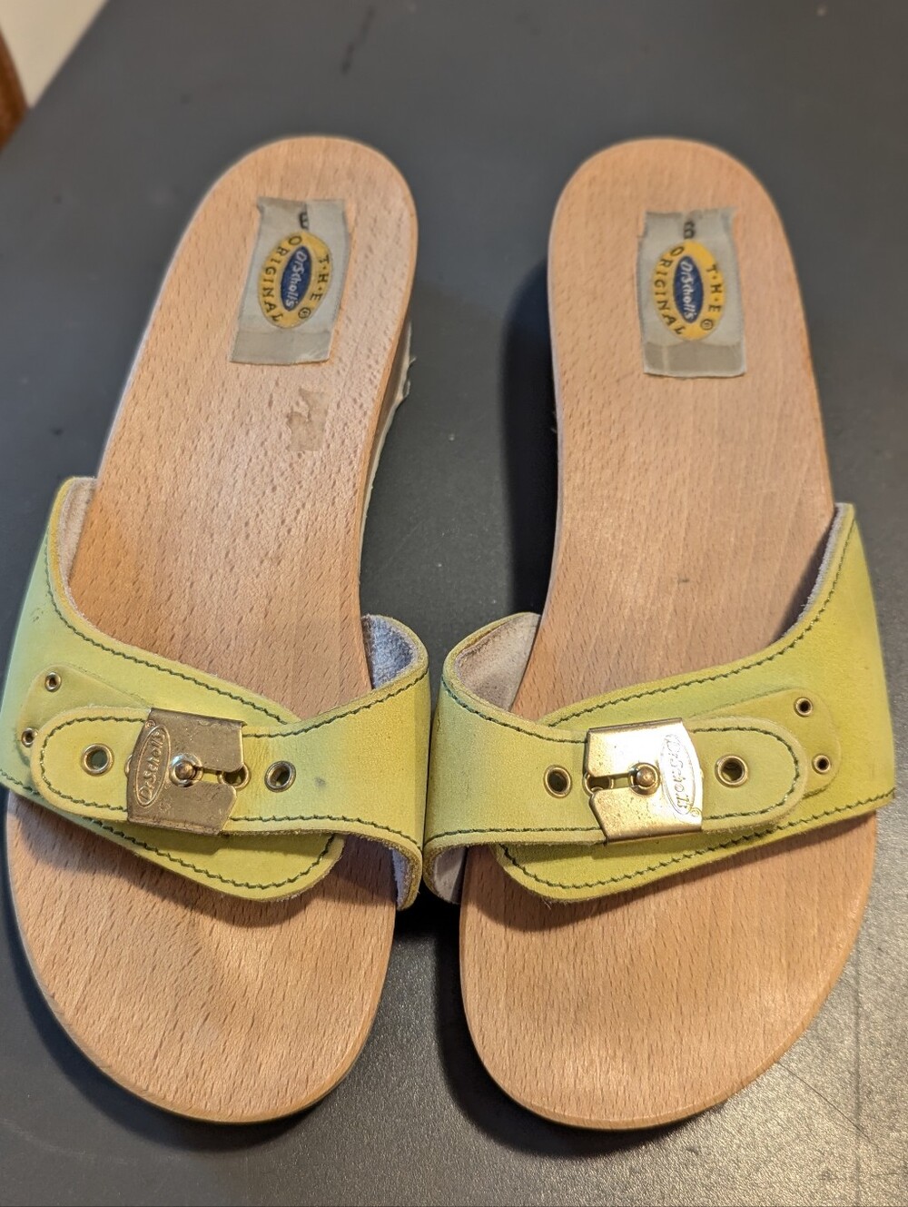 Dr Scholls Original Clog Sandal Sz 6 Leather Wooden Heel Shoe Lemon Yellow